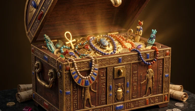 Coffre égyptien ouvert, rempli de bijoux, de scarabées et de pièces d’or