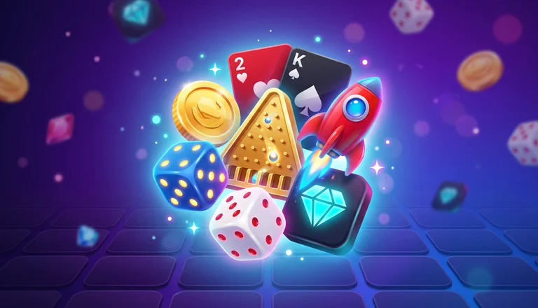 Pyramide de plinko dorée entourée de dés, de cartes et d’une fusée