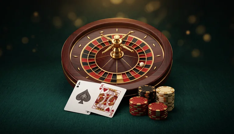 Roulette en acajou sur un tapis vert, deux cartes et des piles de jetons